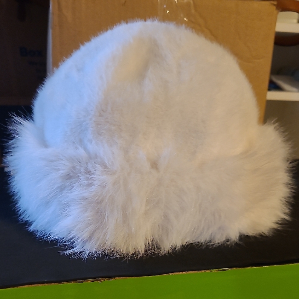 Reversable Fluffy White Fur Hat With Tan Microfiber Patchwork In Tan- OS